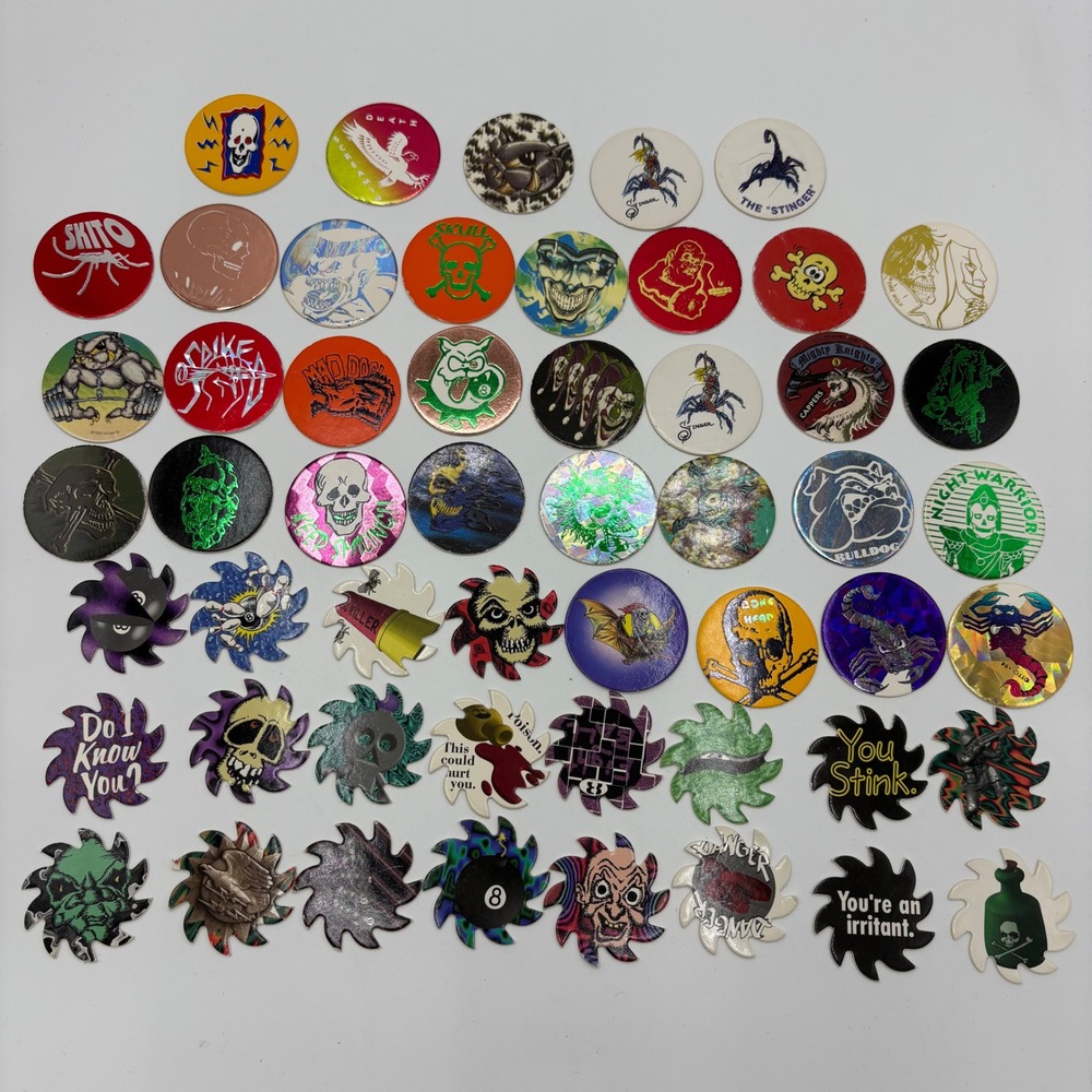 Vintage Pogs & Saw-blade Lot 53pc Skulls Poison 8-Ball 90s Games Good to Great